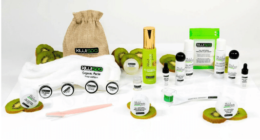 Kiwi Spa’s 21-Day Transformation Kit, featuring all-natural products for achieving flawless skin.